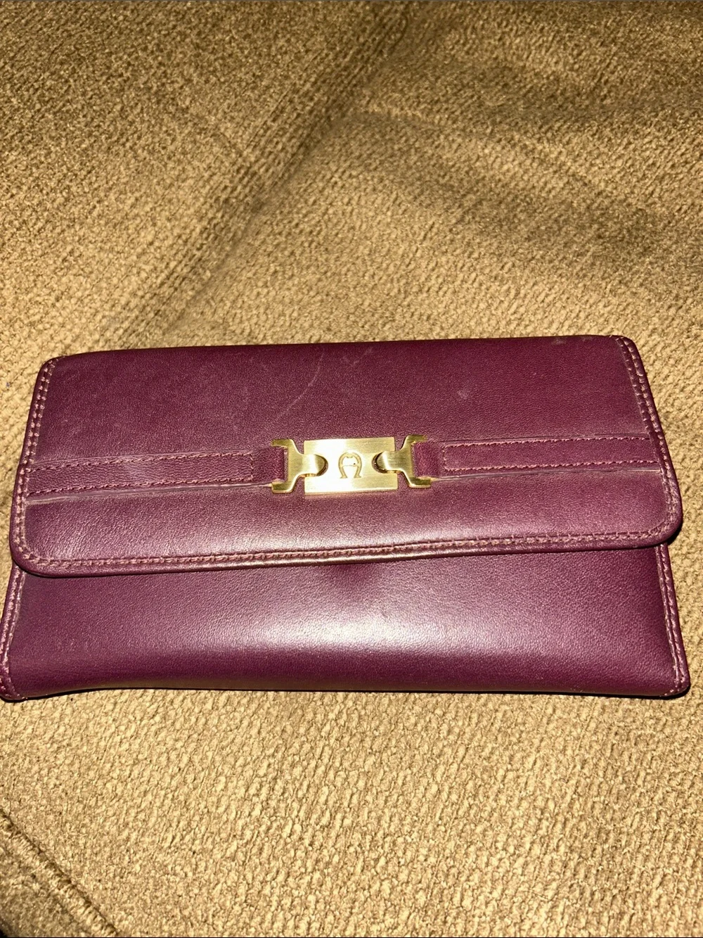 Etienne Aigner Plum Leather Clutch Wallet with Gold Tone Hardware